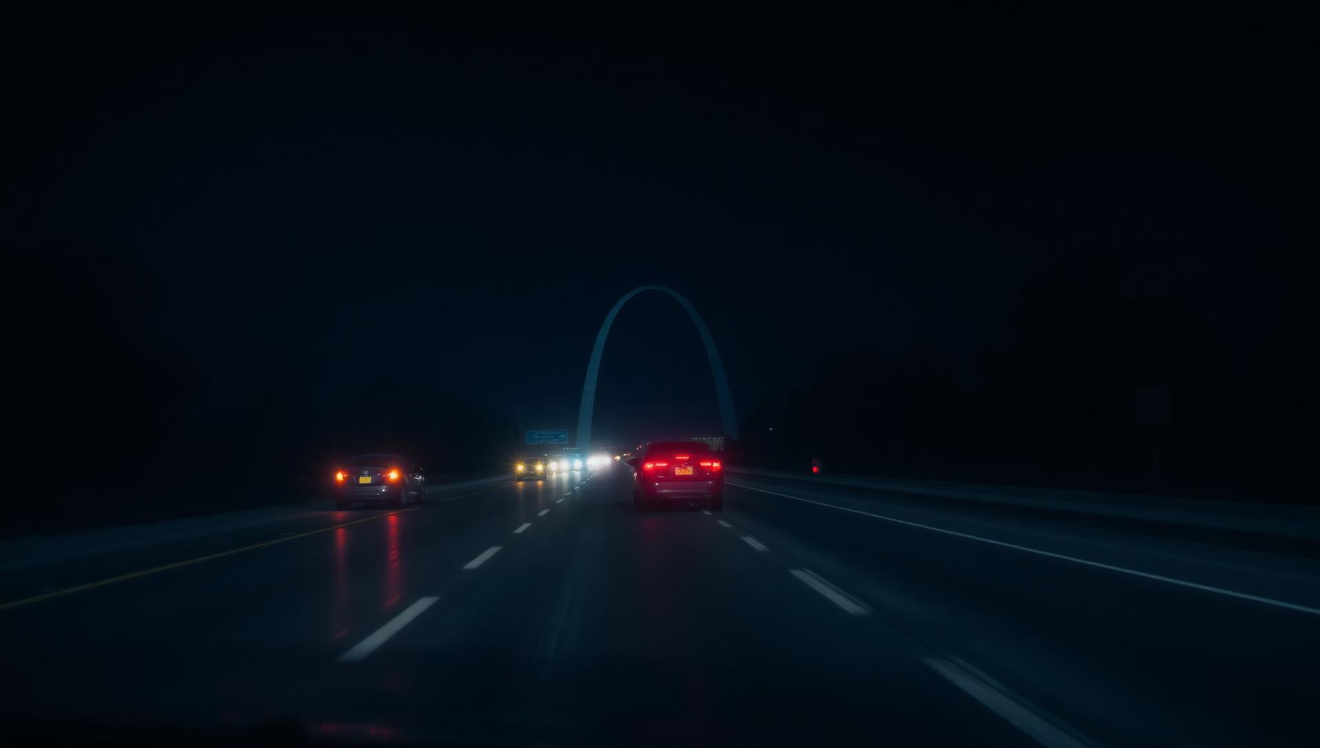 Nighttime St. Louis highway with Gateway Arch in distance